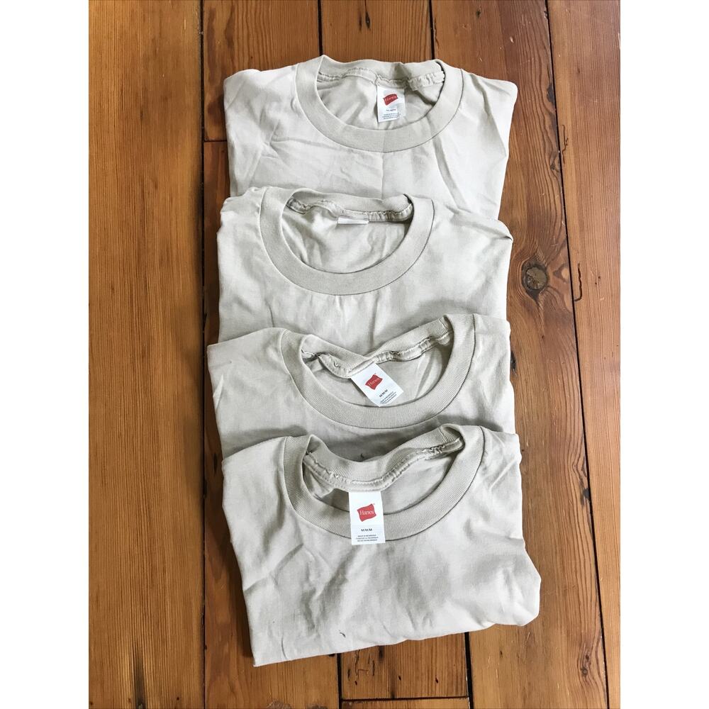 Set Lot 4 New Mens Hanes Beige Short Sleeve T Shirts Medium 42" Chest